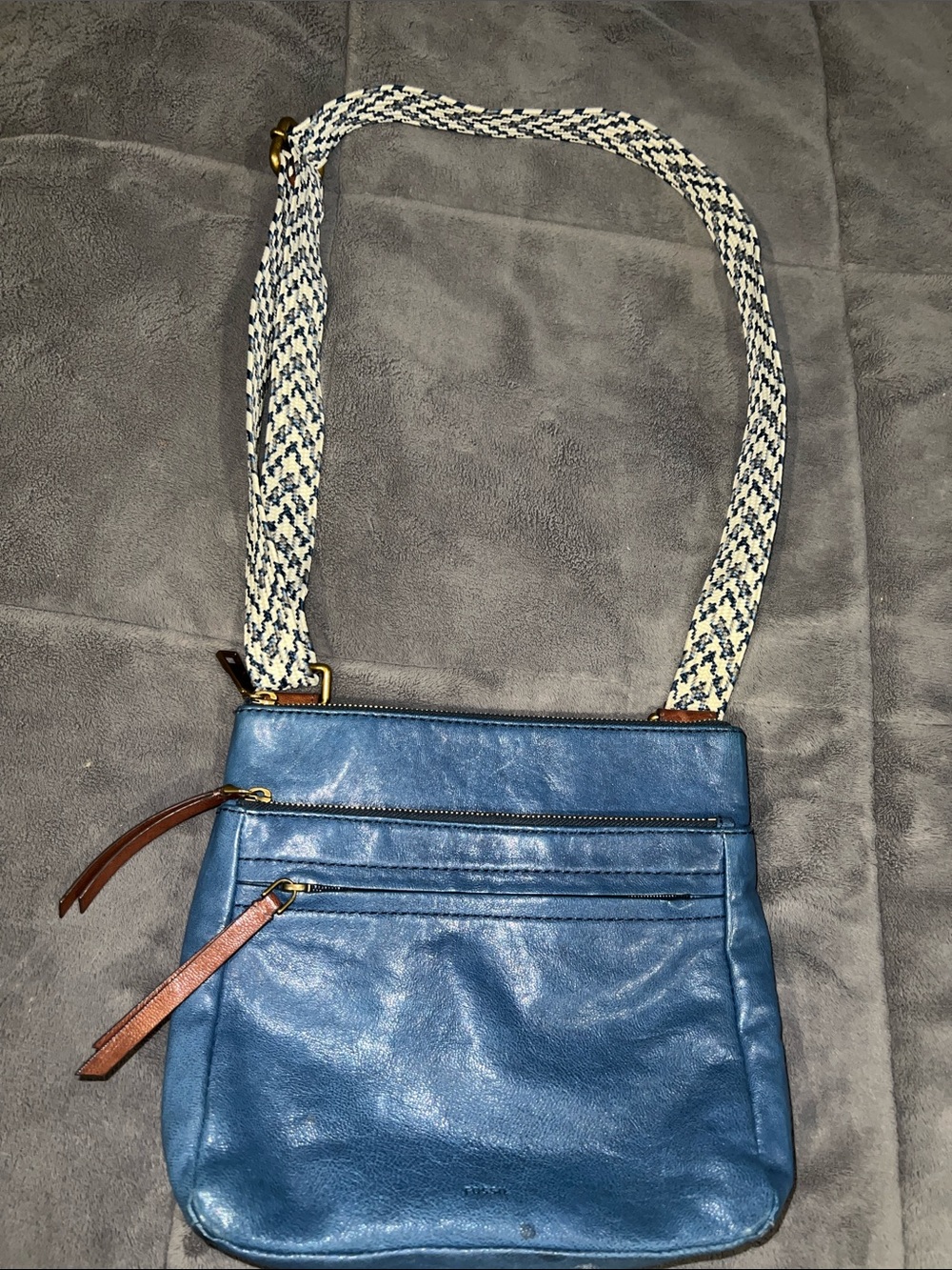 Fossil Blue Leather Crossbody with Braided Strap